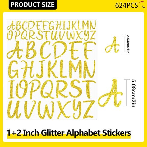 ملصقات حروف ذهبية 624 قطعة من الفينيل الأبجدية مقاس 1 و2 بوصة لامعة ذاتية اللصق مقاومة للماء لزجاجات المياه وعلامة باب الحرف اليدوية (12 ورقة) in Kuwait