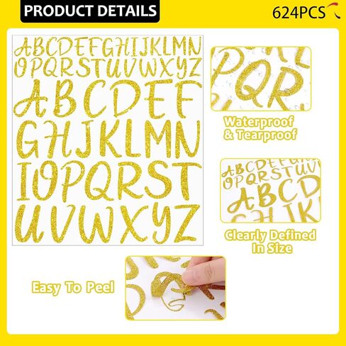 ملصقات حروف ذهبية 624 قطعة من الفينيل الأبجدية مقاس 1 و2 بوصة لامعة ذاتية اللصق مقاومة للماء لزجاجات المياه وعلامة باب الحرف اليدوية (12 ورقة) in Kuwait