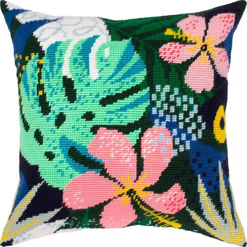 Brvsk Tropical Embroidery Kit for Adults and Beginners — Wild Hibiscus 16″ × 16″ with Clear, Precise Printed Design on Cotton Canvas; Includes 2 Needles, Yarn, and Easy-Read Chart in Saudi Arabia