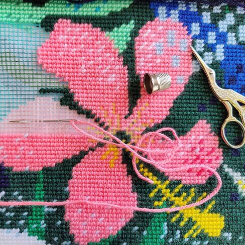 Brvsk Tropical Embroidery Kit for Adults and Beginners — Wild Hibiscus 16″ × 16″ with Clear, Precise Printed Design on Cotton Canvas; Includes 2 Needles, Yarn, and Easy-Read Chart in Saudi Arabia
