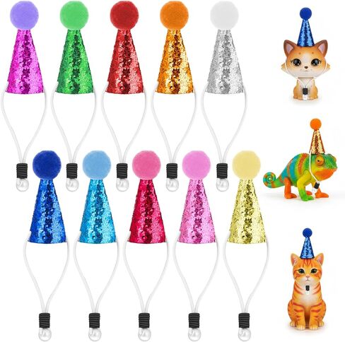 10 Pack Mini Party Hats for Stuffed Animals Figures, Mini Birthday Hats Glitter Cone Party Hat Colorful Decor Adjustable Cone Hat with Tinsel Pom Pom Birthday Toppers Accessories in Saudi Arabia