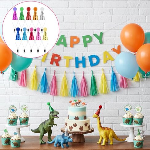 10 Pack Mini Party Hats for Stuffed Animals Figures, Mini Birthday Hats Glitter Cone Party Hat Colorful Decor Adjustable Cone Hat with Tinsel Pom Pom Birthday Toppers Accessories in Saudi Arabia
