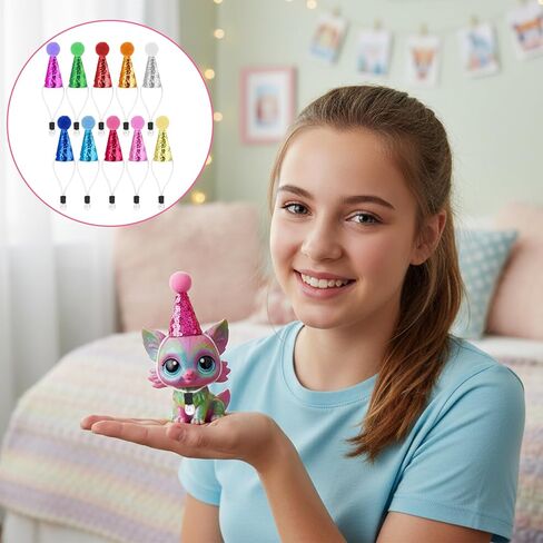 10 Pack Mini Party Hats for Stuffed Animals Figures, Mini Birthday Hats Glitter Cone Party Hat Colorful Decor Adjustable Cone Hat with Tinsel Pom Pom Birthday Toppers Accessories in Saudi Arabia