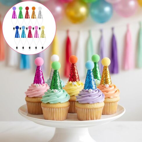 10 Pack Mini Party Hats for Stuffed Animals Figures, Mini Birthday Hats Glitter Cone Party Hat Colorful Decor Adjustable Cone Hat with Tinsel Pom Pom Birthday Toppers Accessories in Saudi Arabia