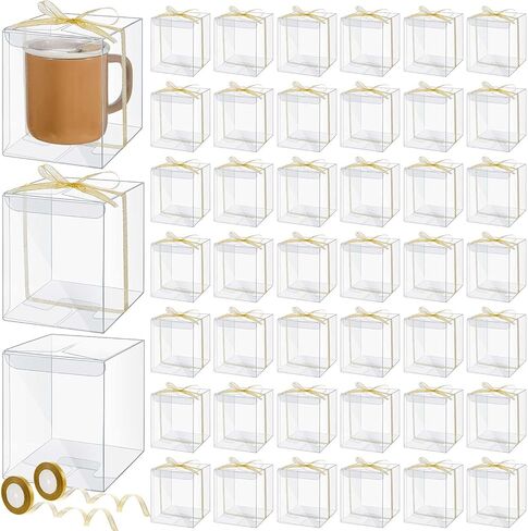 50 Pcs Mug Gift Boxes Clear Tumblers Packaging Box with Ribbon for Sublimation Tumblers Compatible with Stanley 11oz 12oz 15oz 20oz 30oz 40oz(3.3 x 3.3 x 9.8 Inch) in Saudi Arabia