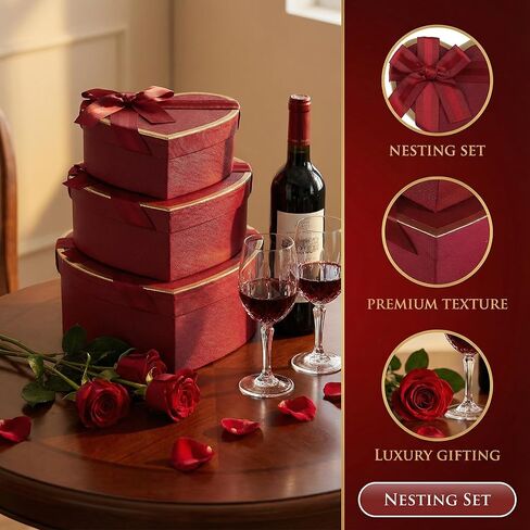 MAGICLULU Red Heart Shaped Boxes with Lids, Set of 3 Nesting Heart Present Boxes with Bow Ribbon for Proposal Bridesmaid Birthday Valentines Day Christmas Arrangements Flowers in Saudi Arabia