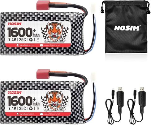 Hosim 2pcs 7.4V 1600mAh 25C T Connector Li-Polymer Rechargeable Battery Pack and 1pcs Battery Bag, Li-Po Rechargeable Battery 9125 Truggy S920 S921 High Speed Truck Accessory Supplies in Saudi Arabia
