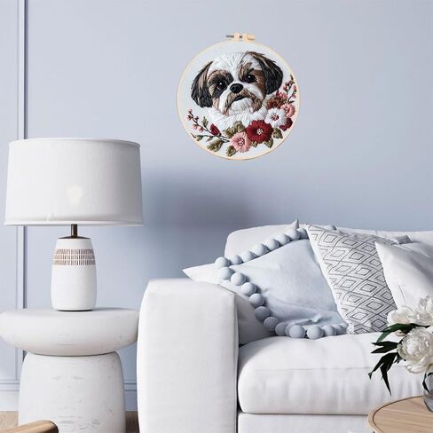 مجموعة إبرة لكمة شيه تزو الكلب والزهور التطريز مجموعة المبتدئين مع طوق سهلة للمبتدئين DIY تخفيف التوتر هواية الحرفية اليدوية وديكور المنزل 20x20cm-3 in Kuwait