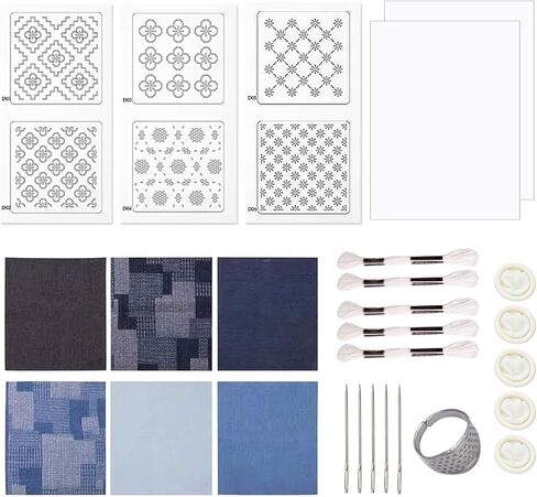 Yushen Sashiko Kit for Beginners, Sashiko Thread and Needles Thimble, Water Soluble Patterns and Denim Fabric, Japanese Embroidery Kit for Hand QuiltingSewing Supplies (Flower Pattern Blue) in Saudi Arabia