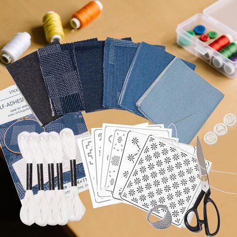 Yushen Sashiko Kit for Beginners, Sashiko Thread and Needles Thimble, Water Soluble Patterns and Denim Fabric, Japanese Embroidery Kit for Hand QuiltingSewing Supplies (Flower Pattern Blue) in Saudi Arabia