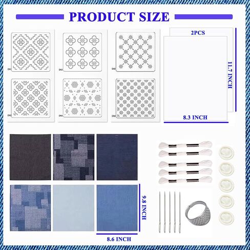 Yushen Sashiko Kit for Beginners, Sashiko Thread and Needles Thimble, Water Soluble Patterns and Denim Fabric, Japanese Embroidery Kit for Hand QuiltingSewing Supplies (Flower Pattern Blue) in Saudi Arabia