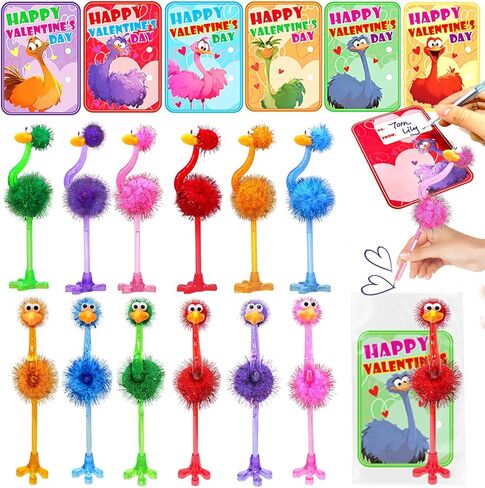 Valentines Day Gifts for Kids - 24 Pack Valentines Stationery Sets with Flamingo Ostrich Ballpoint Pens Valentines Day Card for Kids School Classroom Exchange Gifts Party Favors, Classroom Prizes in Saudi Arabia