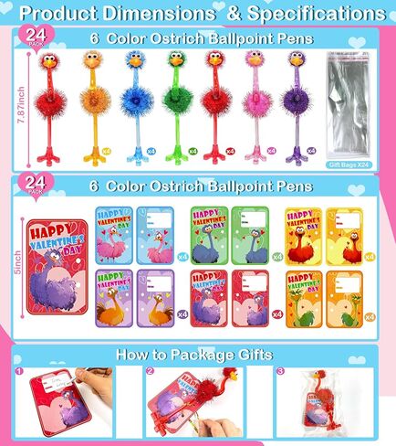 Valentines Day Gifts for Kids - 24 Pack Valentines Stationery Sets with Flamingo Ostrich Ballpoint Pens Valentines Day Card for Kids School Classroom Exchange Gifts Party Favors, Classroom Prizes in Saudi Arabia
