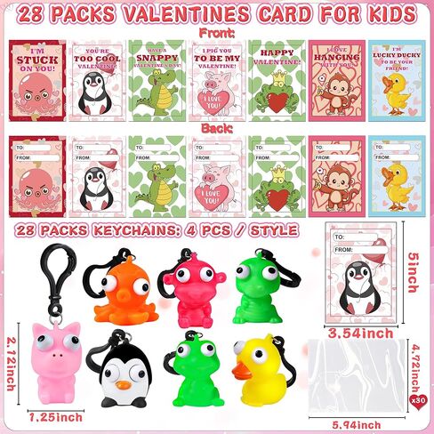 28 حزمة من بطاقات عيد الحب للأطفال في الفصل الدراسي، هدايا عيد الحب للأطفال في المدرسة مع سلسلة مفاتيح على شكل حيوانات عين البوب، مجموعة هدايا عيد الحب لفصل عيد الحب، بطاقات تبادل هدايا الحفلات in Kuwait