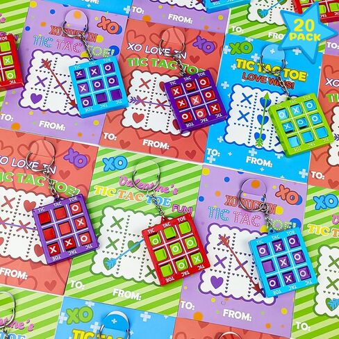 Tic Tac Toe Valentines Day Gifts for Kids Classroom,20 Pack Tic Tac Toe Game Keychains w/ Class Exchange Cards for Boys Girls,Valentine Non Candy Treats Goodie Bag Stuffers School Party Favors Prizes in Kuwait