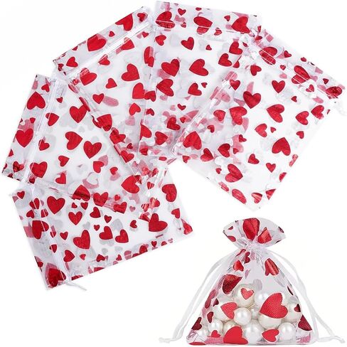 LYLYNB Valentines Organza Bags 40Pcs Mixed Size Heart Gift Bags Drawstring Sheer Mesh Goody Bags Cute Red Heart Jewelry Bags for Valentine Mother's Day Wedding Birthday Party Favors in Saudi Arabia