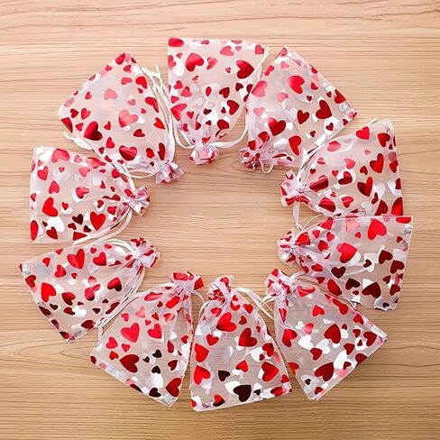 LYLYNB Valentines Organza Bags 40Pcs Mixed Size Heart Gift Bags Drawstring Sheer Mesh Goody Bags Cute Red Heart Jewelry Bags for Valentine Mother's Day Wedding Birthday Party Favors in Saudi Arabia