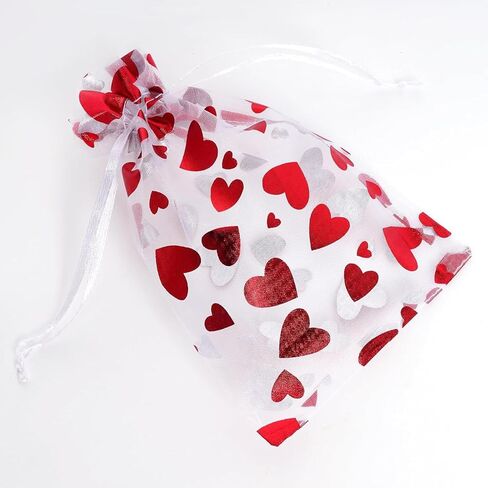 LYLYNB Valentines Organza Bags 40Pcs Mixed Size Heart Gift Bags Drawstring Sheer Mesh Goody Bags Cute Red Heart Jewelry Bags for Valentine Mother's Day Wedding Birthday Party Favors in Saudi Arabia