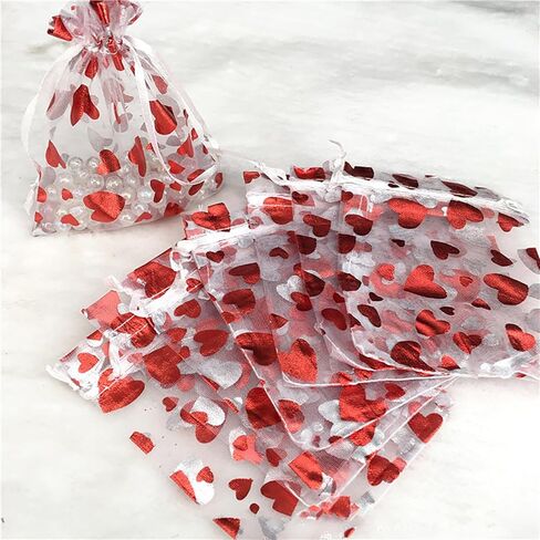 LYLYNB Valentines Organza Bags 40Pcs Mixed Size Heart Gift Bags Drawstring Sheer Mesh Goody Bags Cute Red Heart Jewelry Bags for Valentine Mother's Day Wedding Birthday Party Favors in Saudi Arabia
