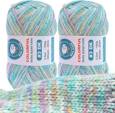 2 حزمة من خيوط الصوف المخلوط، 2x3.5oz / 285yds، #3 DK، 20% صوف 80% أكريليك، متنوع، طبقة واحدة من خيوط الصوف الناعمة من الكروشيه والحياكة للسترات والأوشحة والقبعات (حلم الجرس الأزرق) in Kuwait