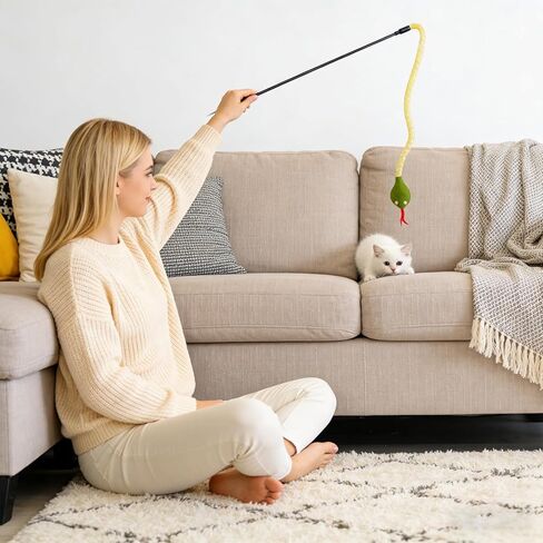 Cat Teaser Wand Toy for Indoor Cats, Cute Mesh Snake & Crinkle Plush Fabric Kitten Wand Kitty Toys Interactive Play Chase Exercise Wand String Toys Cat Toys for All Breed Sizes (Yellow,14.57+30.7inch) in Saudi Arabia