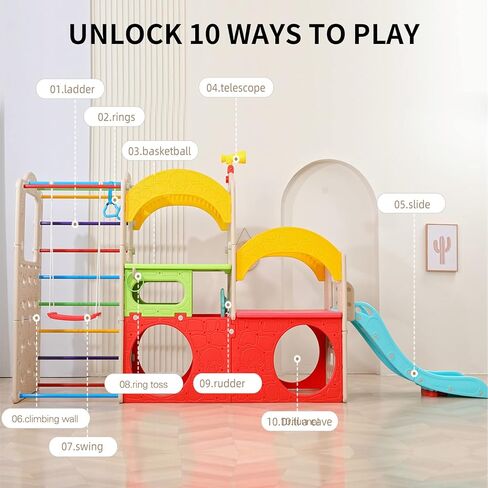 ملعب داخلي UNICOO® 10 في 1، مجموعة لعب Jungle Gym مع منزلق، جدار تسلق، سلم، أرجوحة، كرة سلة، حلقات تعليق | ألعاب خارجية للأطفال الصغار 1-3 | ألعاب التسلق للأطفال الصغار في الأماكن المغلقة (ألوان متعددة) in Saudi Arabia