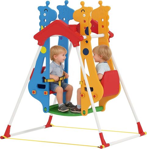Qaba Kids Indoor Swing with Double Seats, Toddler Swing Set with Safety Belts and Metal Stand for Aged 3-5, Play Room, Living Room, Bedroom, Mixed-Color in Saudi Arabia