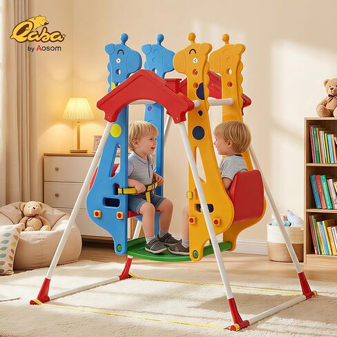 Qaba Kids Indoor Swing with Double Seats, Toddler Swing Set with Safety Belts and Metal Stand for Aged 3-5, Play Room, Living Room, Bedroom, Mixed-Color in Saudi Arabia