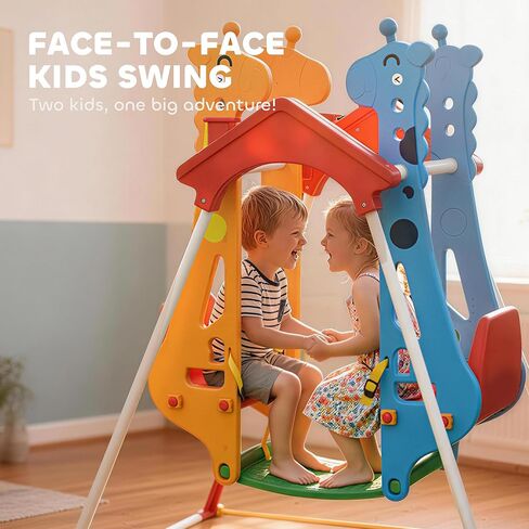 Qaba Kids Indoor Swing with Double Seats, Toddler Swing Set with Safety Belts and Metal Stand for Aged 3-5, Play Room, Living Room, Bedroom, Mixed-Color in Saudi Arabia