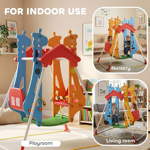 Qaba Kids Indoor Swing with Double Seats, Toddler Swing Set with Safety Belts and Metal Stand for Aged 3-5, Play Room, Living Room, Bedroom, Mixed-Color in Saudi Arabia