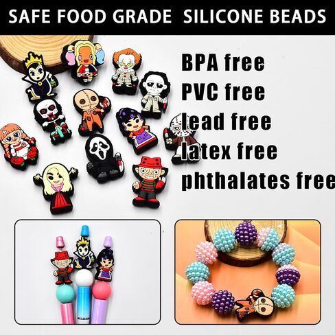 12 PCS Silicone Focal Beads for Pens Characters Halloween Horror Theme Silicone Bead for Keychain Making Beads Bulk for Jewelry Making Bracelet Necklace Handmade Crafts in Saudi Arabia