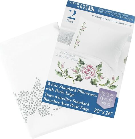 Leisure Arts Pillowcase 20"X26" Cottage Rose 2Pc, Embroidery Pillow Kit, Stamped Embroidery Pillowcases, Pillow Cases Stamped, Stamped Cross Stitch Cases in Saudi Arabia