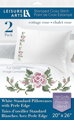 Leisure Arts Pillowcase 20"X26" Cottage Rose 2Pc, Embroidery Pillow Kit, Stamped Embroidery Pillowcases, Pillow Cases Stamped, Stamped Cross Stitch Cases in Saudi Arabia
