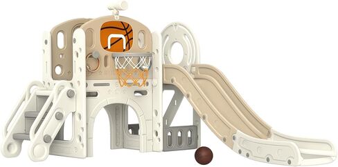 Qaba 7-in-1 Toddler Slide Playset, Kids Slide for Ages 1-6 Years with Ring Toss, Basketball Hoop, Telescope, Indoor Playground with Climber, Storage Space, Crawl Tunnel, Cream White in Saudi Arabia