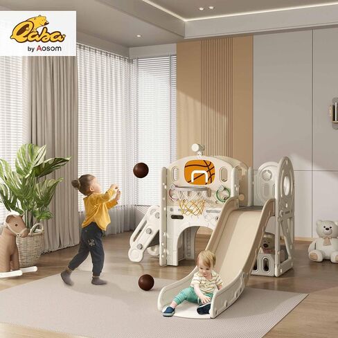 Qaba 7-in-1 Toddler Slide Playset, Kids Slide for Ages 1-6 Years with Ring Toss, Basketball Hoop, Telescope, Indoor Playground with Climber, Storage Space, Crawl Tunnel, Cream White in Saudi Arabia