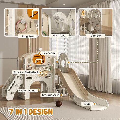 Qaba 7-in-1 Toddler Slide Playset, Kids Slide for Ages 1-6 Years with Ring Toss, Basketball Hoop, Telescope, Indoor Playground with Climber, Storage Space, Crawl Tunnel, Cream White in Saudi Arabia