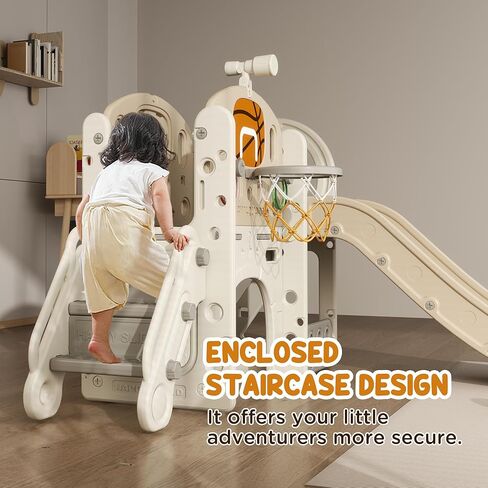 Qaba 7-in-1 Toddler Slide Playset, Kids Slide for Ages 1-6 Years with Ring Toss, Basketball Hoop, Telescope, Indoor Playground with Climber, Storage Space, Crawl Tunnel, Cream White in Saudi Arabia