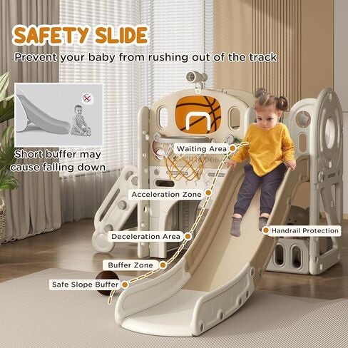 Qaba 7-in-1 Toddler Slide Playset, Kids Slide for Ages 1-6 Years with Ring Toss, Basketball Hoop, Telescope, Indoor Playground with Climber, Storage Space, Crawl Tunnel, Cream White in Saudi Arabia