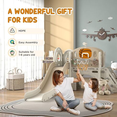 Qaba 7-in-1 Toddler Slide Playset, Kids Slide for Ages 1-6 Years with Ring Toss, Basketball Hoop, Telescope, Indoor Playground with Climber, Storage Space, Crawl Tunnel, Cream White in Saudi Arabia