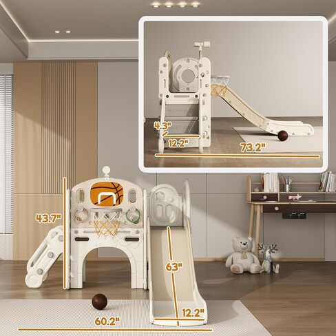 Qaba 7-in-1 Toddler Slide Playset, Kids Slide for Ages 1-6 Years with Ring Toss, Basketball Hoop, Telescope, Indoor Playground with Climber, Storage Space, Crawl Tunnel, Cream White in Saudi Arabia