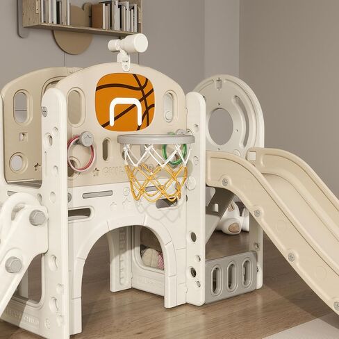 Qaba 7-in-1 Toddler Slide Playset, Kids Slide for Ages 1-6 Years with Ring Toss, Basketball Hoop, Telescope, Indoor Playground with Climber, Storage Space, Crawl Tunnel, Cream White in Saudi Arabia