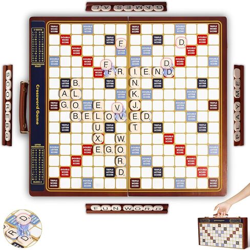 لعبة الكلمات المتقاطعة مع لوح خشبي دوار، لوحة قابلة للطي في حقيبة حمل محمولة، إصدار فاخر من لعبة بناء الكلمات مع 100 بلاطة حرف، لعبة لوحة عائلية تعليمية لعدد 2-4 لاعبين in Kuwait