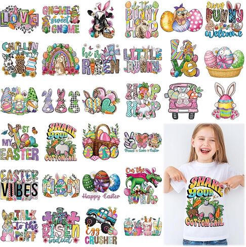 Estune 30 Pcs Easter Iron on Transfers Bunny Egg Heat Transfer Appliques for T Shirts Easter Iron on Decals Patches Sticker for Clothes Pillow Covers DIY Decorations in Saudi Arabia