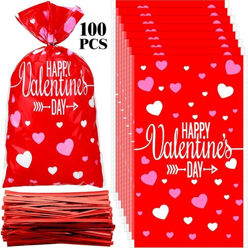 Boao 100 Pieces Happy Valentine's Day Cellophane Bags Heart Shaped Red Treat Bags Candy Gift Bag Goodie Bag with Twist Ties for Valentines Wedding Cookie Snack Packing Party Favors Supplies in Saudi Arabia