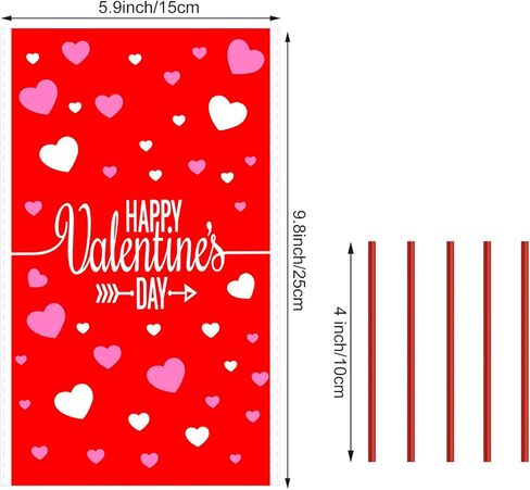Boao 100 Pieces Happy Valentine's Day Cellophane Bags Heart Shaped Red Treat Bags Candy Gift Bag Goodie Bag with Twist Ties for Valentines Wedding Cookie Snack Packing Party Favors Supplies in Saudi Arabia