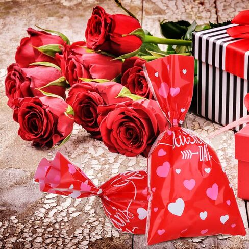 Boao 100 Pieces Happy Valentine's Day Cellophane Bags Heart Shaped Red Treat Bags Candy Gift Bag Goodie Bag with Twist Ties for Valentines Wedding Cookie Snack Packing Party Favors Supplies in Saudi Arabia