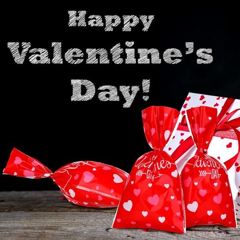 Boao 100 Pieces Happy Valentine's Day Cellophane Bags Heart Shaped Red Treat Bags Candy Gift Bag Goodie Bag with Twist Ties for Valentines Wedding Cookie Snack Packing Party Favors Supplies in Saudi Arabia