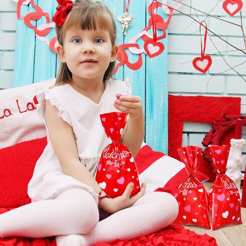 Boao 100 Pieces Happy Valentine's Day Cellophane Bags Heart Shaped Red Treat Bags Candy Gift Bag Goodie Bag with Twist Ties for Valentines Wedding Cookie Snack Packing Party Favors Supplies in Saudi Arabia