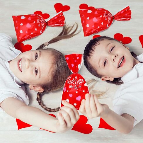 Boao 100 Pieces Happy Valentine's Day Cellophane Bags Heart Shaped Red Treat Bags Candy Gift Bag Goodie Bag with Twist Ties for Valentines Wedding Cookie Snack Packing Party Favors Supplies in Saudi Arabia