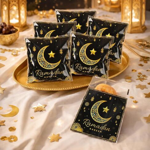 50 Pcs Ramadan Mubarak Self Sealing Bags, Black Gold Moon Pattern Eid Resealable Cellophane Bag, Self Adhesive Treat Bags for Candy Cookie Gift Packaging Eid al-Fitr Party Favors Supplies in Saudi Arabia